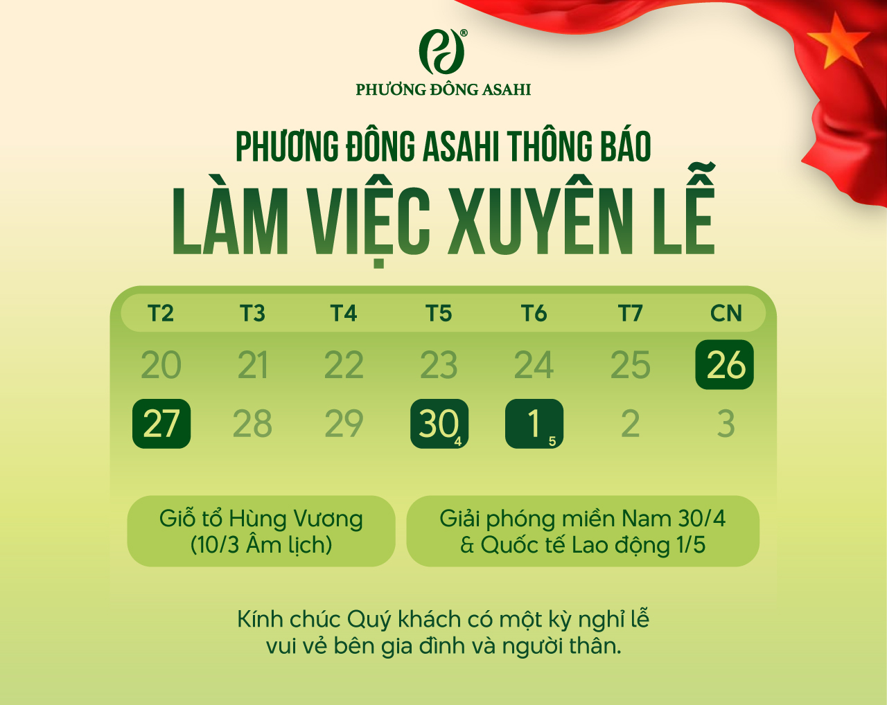 [Thông báo] Phương Đông Asahi hoạt động xuyên lễ Giỗ tổ Hùng Vương & 30/04 – 01/05